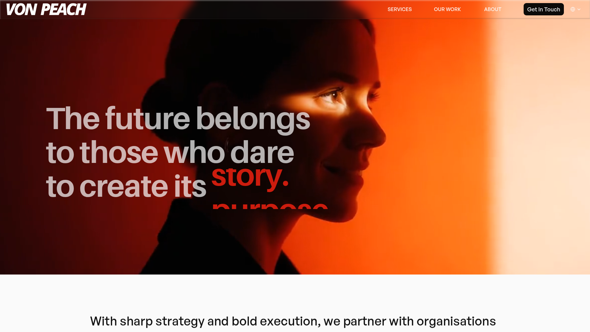 Homepage screenshot of www.vonpeach.com, Von Peach, The mothership. Brand and comms, for people who take it seriously.